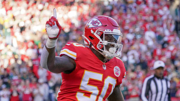Nov 7, 2021; Kansas City, Missouri, USA; Kansas City Chiefs linebacker Willie Gay Jr. (50) celebrates after a play against the Green Bay Packers during the game at GEHA Field at Arrowhead Stadium. Mandatory Credit: Denny Medley-USA TODAY Sports